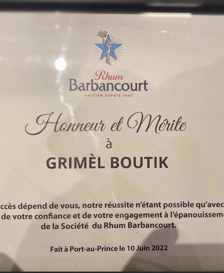 Sètifika Honneur et Mérite Rhum Barbancourt pou Grimèl Boutik, 10 jen 2022